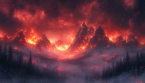Fiery Mountain Landscape Wallpaper, Red Lava Background, 4K Desktop