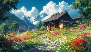 Japanese Countryside Mountain View, Meadow Flowers, 4K Desktop Wallpaper