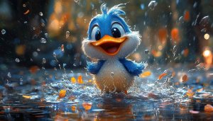 Funny Blue Duck Cartoon Character in Rain 4K Wallpaper