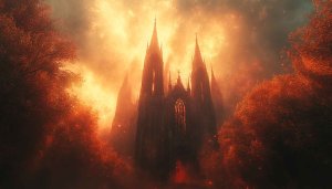 Fiery Gothic Cathedral Wallpaper, Fantasy Church 4K Desktop Background