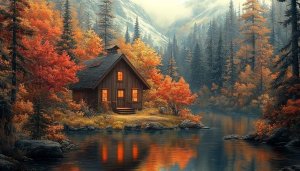 Cozy Cabin Autumn Landscape Wallpaper Free Desktop Backgrounds 4K