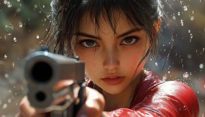 Realistic Asian Woman Holding Gun Under Rain 4K Desktop Wallpaper