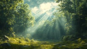 Lush Green Forest Mobile Wallpaper with Sun Rays Streaming Through Trees