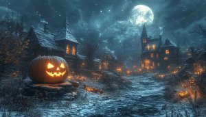 Spooky Halloween Pumpkin Village 4K Desktop Background Free Wallpaper