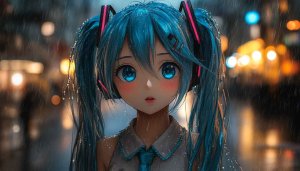 Hatsune Miku Anime Girl Raining Night City Mobile Wallpaper Free