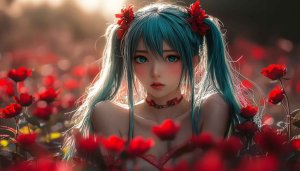 Hatsune Miku AI Art Mobile Wallpaper: Red Flower Garden Anime Girl