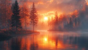 Golden Sunrise Forest Lake Reflection 4K Desktop Mobile Wallpaper