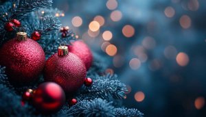 Festive Christmas Decoration Wallpaper, Red Baubles on Snowy Blue Tree
