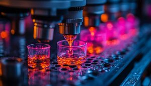 Robotic liquid handling for automated laboratory, research, lab desktop background