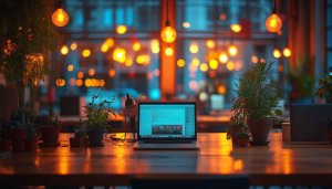 Cozy Office Desk Wallpaper Aesthetic Lights Laptop Plants Background