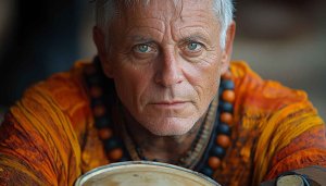 Intense Portrait Wallpaper: Elder Man with Bongo Drum, Free Image