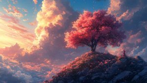 Pink Blossom Tree Wallpaper, Aesthetic Sunset Background, 4K Desktop Image