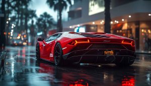 Red Lamborghini Car Rainy Night City Mobile 4K Wallpaper