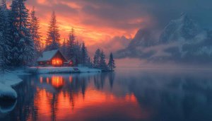 Winter Cabin Lake Reflection 4K Desktop Backgrounds Mobile Wallpaper