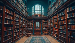 Grand Library Bookshelves Aesthetic Desktop Wallpaper, Academic Architecture, Study Room
