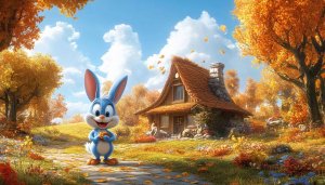 Cartoon Bunny Autumn Scenery Desktop Wallpaper, Cottagecore Home Background