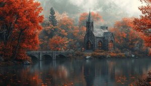 Autumn Chapel Lake 4K Desktop Background, Free Fall Season Wallpaper