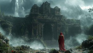 Fantasy Ruins Temple Mobile Wallpaper Red Cloak Mysterious Character