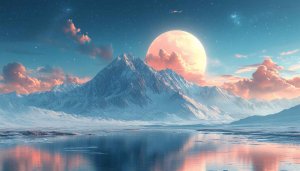 Snowy Mountain Lake Full Moon Scenery Mobile 4K Wallpaper