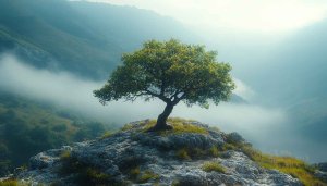 Lonely Tree Foggy Mountain 4K Desktop Background Mobile Wallpaper