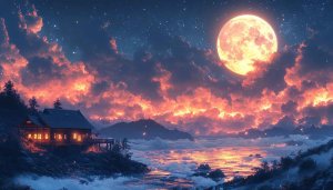Full Moon Night Sky Cabin Lake 4K Desktop Wallpaper