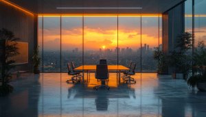 City Sunset Conference Room Wallpaper, Modern Office 4K Desktop Background