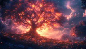 Burning Tree Fantasy Forest 4K Desktop Background Mobile Wallpaper