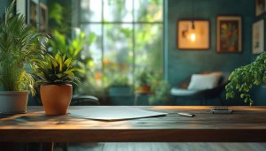 Cozy Green Workspace Background Wallpaper, Office Desktop Wallpaper Free