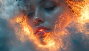 Fiery Portrait Woman With Closed Eyes Mobile Background Wallpaper