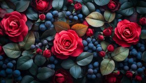 Red Roses and Blueberries 4K Desktop Background Floral Wallpaper