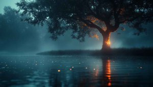 Enchanted Tree 4K Desktop Wallpaper Reflecting on Misty Lake