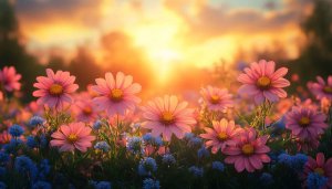 Pink Cosmos Flowers Sunset Wallpaper for Mobile and Desktop Background