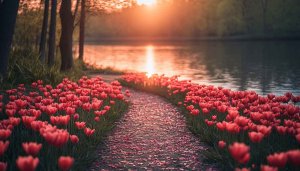 Red Tulips Sunset Lake 4K Mobile Wallpaper Free Desktop Background