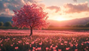 Pink Blossom Tree Field Sunset Scenery Mobile Wallpaper 4K