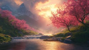 Pink Cherry Blossom 4K Desktop Wallpaper Mountain River Landscape View