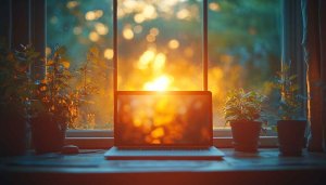 Cozy Laptop Setup by Window 4K Desktop Background Wallpaper