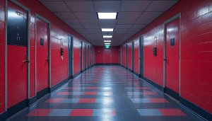 Long Hallway Architecture Wallpaper Red and Gray Aesthetic Background