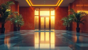 Modern Hotel Lobby 4K Background, Golden Light, Tropical Palm Wallpaper