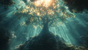 Enchanted Forest Tree 4K Wallpaper: Magical Rays Desktop Background