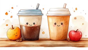 Cute Coffee and Apple Cartoon Art Desktop Wallpaper