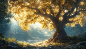 Golden Light Enchanted Forest Tree 4K Desktop Mobile Wallpaper
