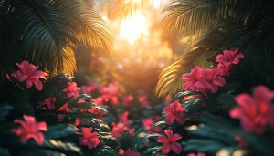 Tropical Flowers Palm Leaves Sunset Mobile Wallpaper Free Background