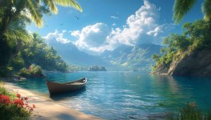 Tropical Island Beach Boat 4K Desktop Background Mobile Wallpaper