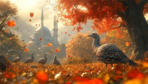 Autumn Turkeys with Mosque Mobile Wallpaper 4K Desktop Background