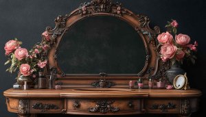 Ornate Antique Vanity Mirror Desktop Background Wallpaper, Pink Roses