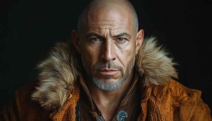 Bald Man Portrait 4K Wallpaper: Rugged Fur Collar
