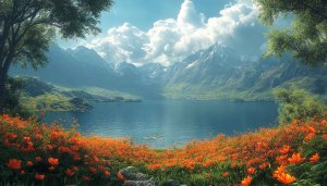 Scenic Mountain Lake Landscape with Orange Flowers Desktop Wallpaper