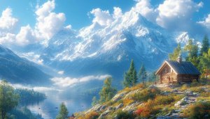 Cozy Cabin Mountain Lake 4K Desktop Background Nature Wallpaper