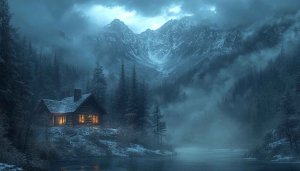 Cabin in Snowy Mountains 4K Desktop Wallpaper Free for Mobile