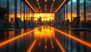 Modern Conference Room Sunset View 4K Desktop Wallpaper Free